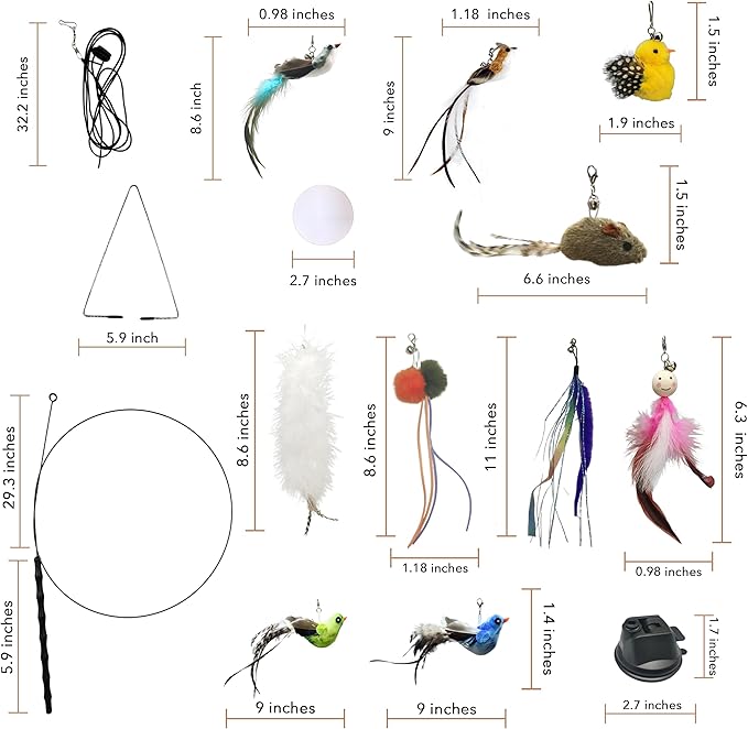 Interactive Bird Simulation Cat Feather Toy Set - Suction Cup Cat Toys for Indoor Cats, Natural Feathers, Bells & Easy Clip-On, Perfect for Indoor Cats - 2 Free Pads, Suctions to Ground - PAWPICO