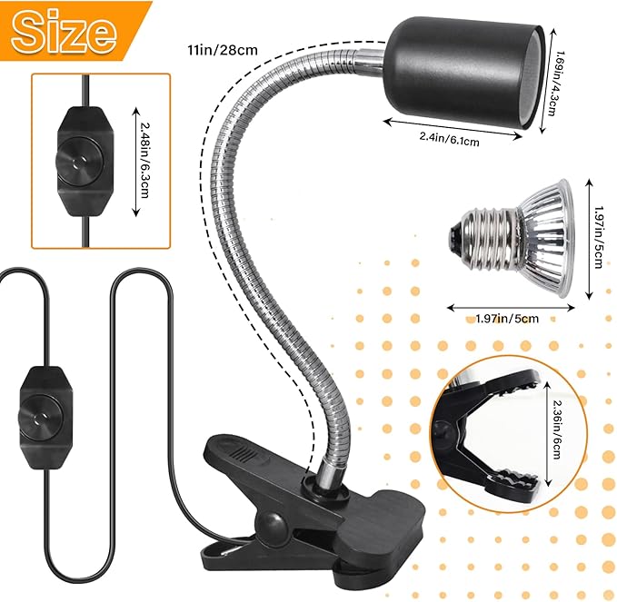 Reptile Heat Lamp with 2 Pcs 50W UVA UVB Light Bulb, 360° Rotatable Basking Spot Light Simulated Sunlight, Dimmable Heating Lamp for Turtle, Lizard, Snake, Beared Dragon, Amphibians DUMILOO