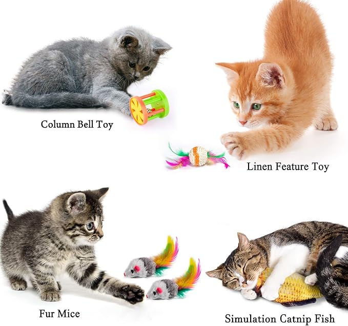 MIBOTE 28Pcs Cat Toys Kitten Toys Assorted, Cat Tunnel Catnip Fish Feather Teaser Wand Fish Fluffy Mouse Mice Balls and Bells Toys for Indoor Cat Puppy Kitty Interactive Cat Toy Set - PAWPICO