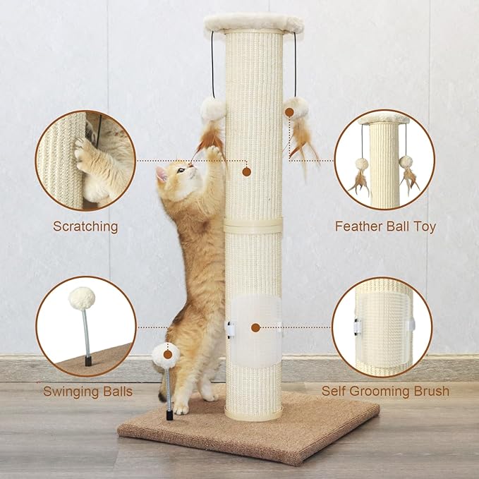PAWSFANS Cat Scratching Post,34" Tall Large Sisal Woven Scratch Posts for Cats,with Hanging Ball Toy and Self-Massage Brush,Vertical Scratcher,5 Inches Diameter,Beige - PAWPICO