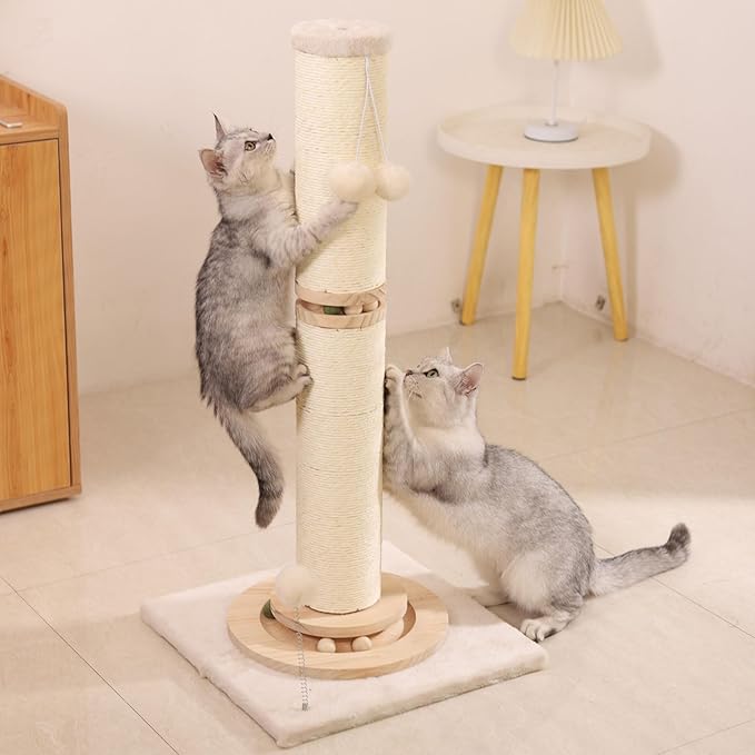 OTOB 33" Tall Cat Scratching Post, 4.3Inch Large Diameter Natural Sisal Rope Scratcher Post, 5-in-1 Interactive Turntable Cat Scratch Post with Soft Hanging Ball Toys for Indoor Large Cats - PAWPICO