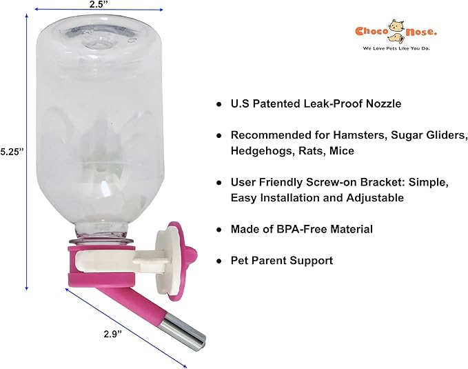 Choco Nose Patented Mini No-Drip Water Bottle/Feeder for Hamsters/Hedgehogs/Gliders/Rats/Mice/Other Small Pets and Animals - for Cages, Crates or Wall Mount. 10.2oz. Nozzle 10mm, Pink (C125) ChocoNosePetSupplyWeLovePetsLikeYouDo