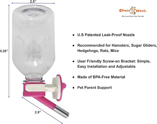 Choco Nose Patented Mini No-Drip Water Bottle/Feeder for Hamsters/Hedgehogs/Gliders/Rats/Mice/Other Small Pets and Animals - for Cages, Crates or Wall Mount. 10.2oz. Nozzle 10mm, Pink (C125) ChocoNosePetSupplyWeLovePetsLikeYouDo