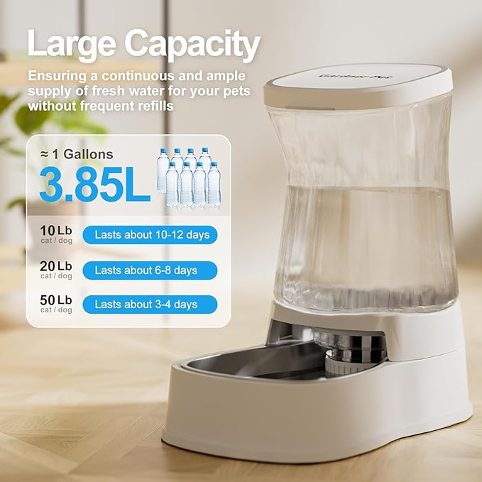 Automatic Gravity Water Dispenser for Dogs, 1Gallon Stainless Steel Water Bowl Dispenser, 100% BPA-Free Dog Water Fountain Dispenser for Small&Medium Dogs, Cats, Puppies(White) - PAWPICO
