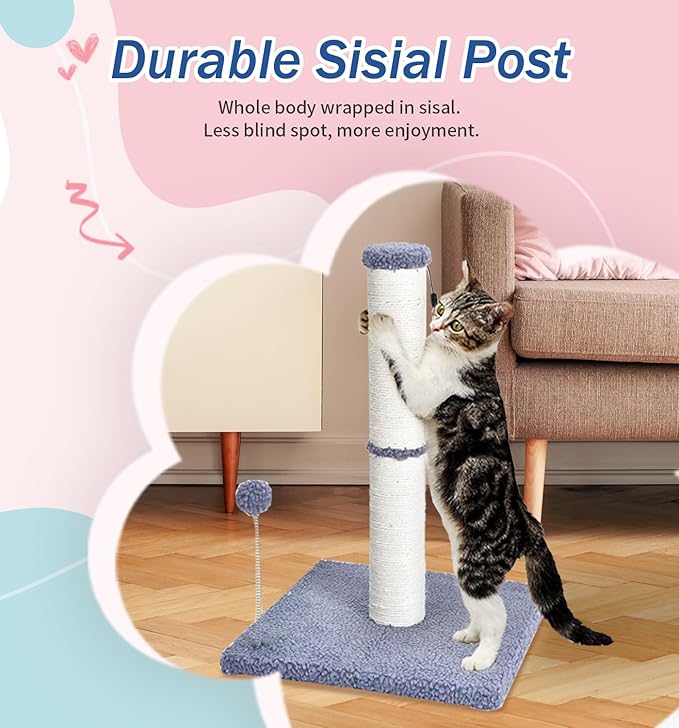 Cat Scratching Post Kitten Scratcher Sisal Scratch Posts Basic with Hanging Ball for Indoor Cats, Integrated Cat Toys, Gray - PAWPICO