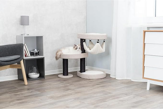 TRIXIE Vidor Cat Scratching Post 28.3 Inch - with Durable Sisal Rope (Gray) and Four Corner Hammock, Three Platforms with Raised Edges, Three Removable Cushions - in Cream/Gray - PAWPICO