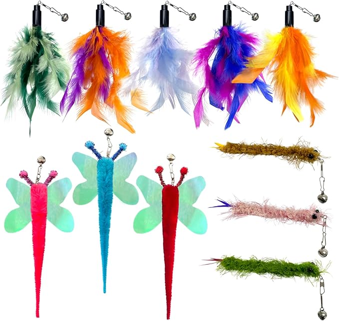 AcceLeah Cat Worm Toy Refills Cats Teaser Toys Wand Replacement,Cat Worms and Dragonfly Refill,Cat Wand Toy Assorted Teaser Refills with Bell (11 Pcs) - PAWPICO