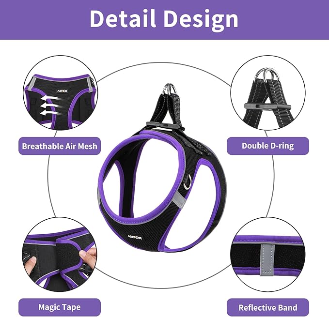 AMTOR Small Dog Harness with Leash Set, No Escape Easy Walk Puppy Harnesses for Training Walking, Step-in Reflective Soft Dogs Vest for XS S Medium Extra-Small Large Sized Dog(Black/Purple) - PAWPICO
