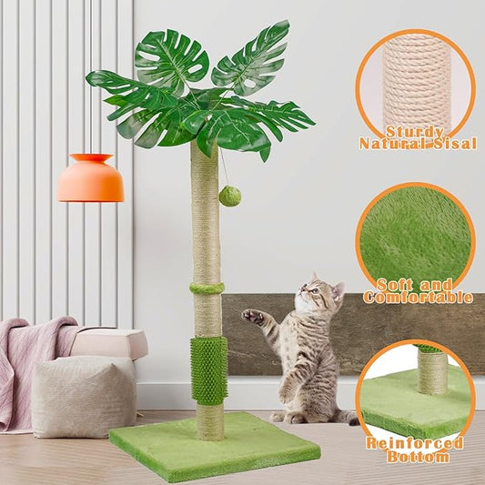 MeowHomm Cat Scratching Post, Cat Monstera Deliciosa for Indoor Cats with Natural Sisal Scratch Pole Hanging Sisal Ropes and Balls, Cute 40" Tall Cat Scratcher for Large Cat and Kittens - PAWPICO