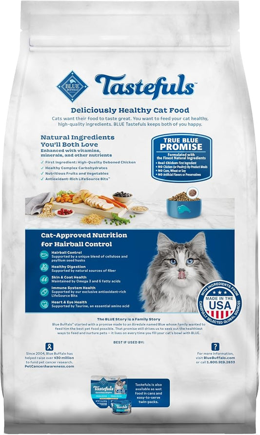 Blue Buffalo Tastefuls Adult Hairball Care Dry Cat Food, Made in the USA with Natural Ingredients, Chicken & Brown Rice Recipe, 3-lb. Bag - PAWPICO
