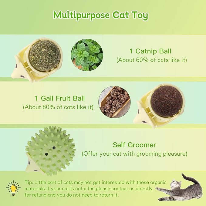 SEVENKA 2 PCS Catnip Toys Self-Grooming Cat Brush with Catnip Ball & Gall Fruit, Kitty Kitten Scratcher Self Groomer Cat Toys for Indoor Cats Lick, Chew Toys Corner Brushes Edible Wall Treats - PAWPICO
