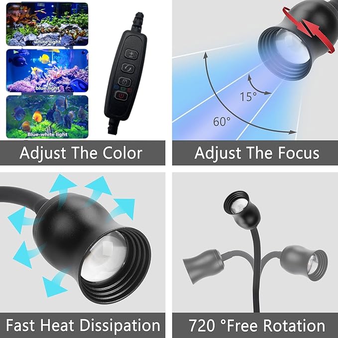 Aquarium Light Focus Light for Fish Tank Indoor LED Light Big Clip Lamp Adjustable Focus (White-Blue with Timer) PAWPICO