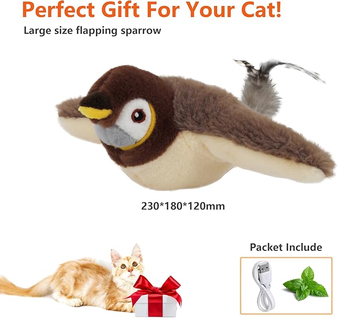 Flapping Bird Cat Toy, Rechargeable Lifelike Interactive Bird Cat Toys for Indoor Cats, Flapping Wings & Lively Chirping, Automatic Catnip Toys for Kitten Self Play Touch Activated (Sparrow) - PAWPICO