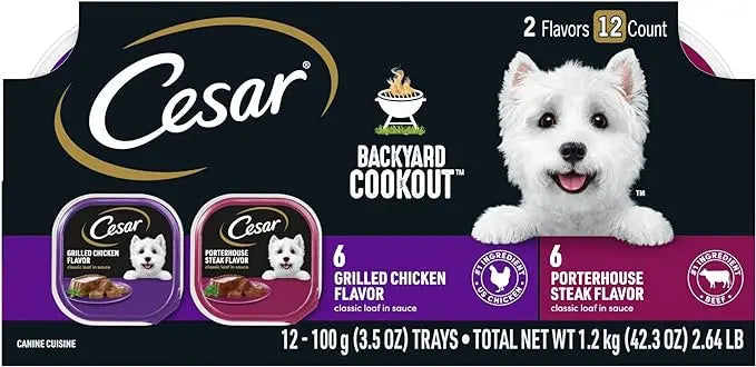 CESAR BACKYARD COOKOUT Adult Wet Dog Food Classic Loaf in Sauce Variety Pack, Grilled Chicken and Porterhouse Steak Flavors, (12) 3.5 oz. Easy Peel Trays - PAWPICO