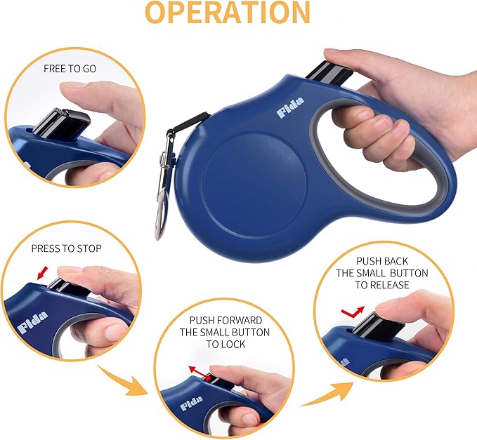 Fida Retractable Dog Leash, 16ft Heavy Duty Pet Walking Leash for Small/Medium Dog or Cat up to 44 lbs, Tangle Free. One-Hand Brake (Medium, Navy Blue) Fida