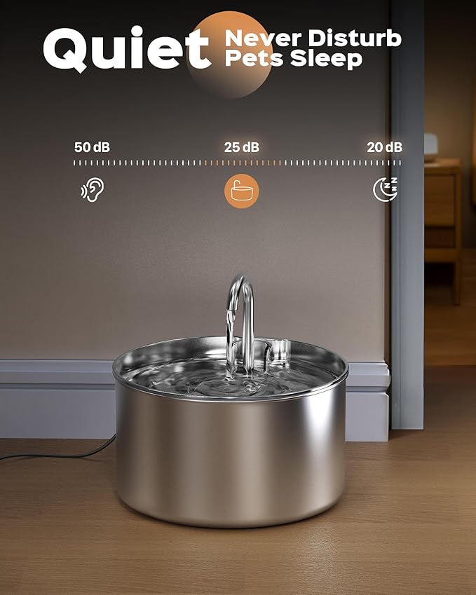AOOGITF Cat Water Fountain + 8 Filters + 8 Sponges, 304 Stainless Steel Pet Water Fountain, 24 Hours Keep The Water Clean, 74oz Capacity, Ultra-Quiet, No Sputter, Compact, Easy Cleaning - PAWPICO