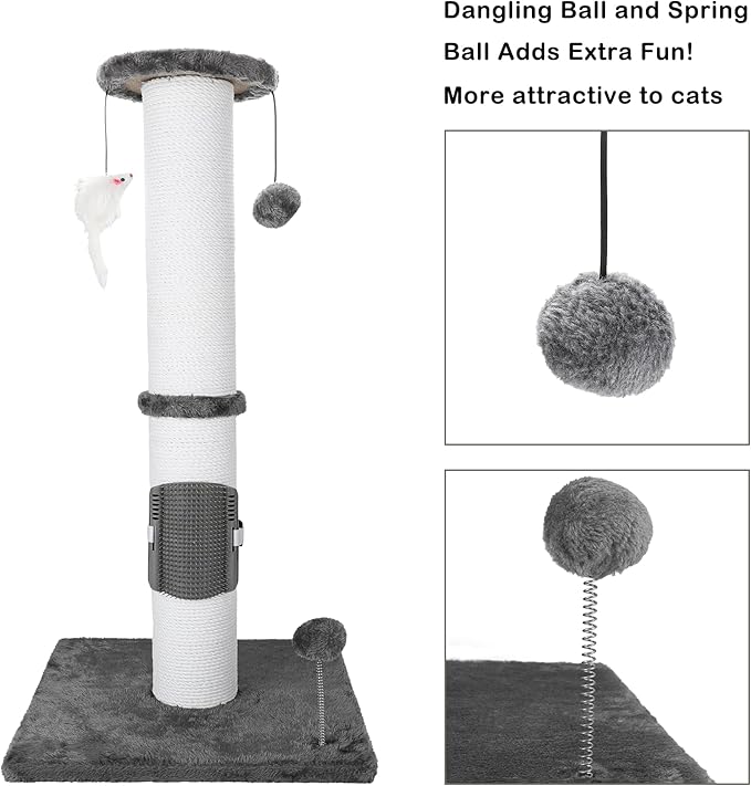 34 Inches Cat Scratching Post Heavy Duty and Thicker Cat Self Grooming with Hanging Toys and Sturdy Handmade Rope, Grey - PAWPICO