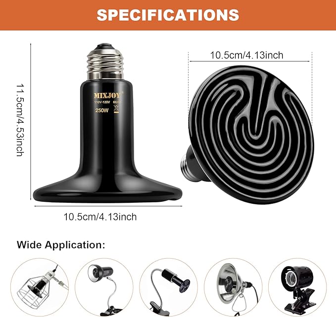 MIXJOY 250W Reptile Heat Lamp 2Pack Ceramic Heat Emitters Reptile Heat Lamp Bulbs, No Light Emitting Ceramic Heat Bulbs for Amphibian Terrarium Reptile Gecko Lizard Bearded Dragon Turtle Chicken Snake MIXJOY