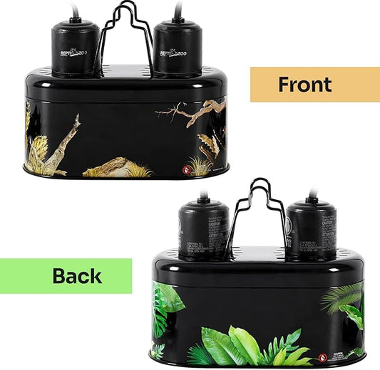 REPTI ZOO Nano Combo Print Tropical Desert Reptile Dual Deep Dome Lamp Fixture for Reptile Max 40 Watts Max Bulb Height 4 in Per Socket UVB Light Fixture Dual Lamp Cap Combo Integration Design REPTIZOO