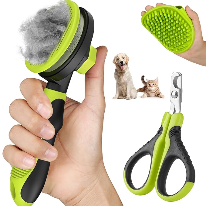 Comotech 3PCS Cat Grooming Kit | Cat Brush | Cat Brushes for indoor Cats | Cat Nail Clipper | Cat Nail Trimmer | Cat Bath Brush | Cat Brush for Shedding - Premium Cat Supplies (Green) - PAWPICO