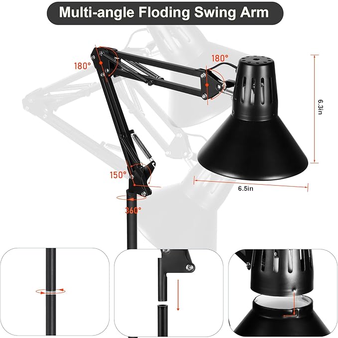 Reptile Heat Lamp Reptile Light Fixture with Tall Reptile Lamp Stand (15.7inch to 74.3inch) Heat Lamp Stand with 360° Adjustable Swing Arm, Reptile Light Stand for Reptile Tank and Heat Lamps DXOPHIEX