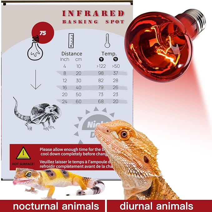 Reptile Red Heat Lamp, 2-Pack 75W Infrared Basking Bulbs Light for Reptiles, Night Red Basking Light for Bearded Dragon, Lizard, Gecko,Turtle, Reptile Red Heat Bulb ReptiKing