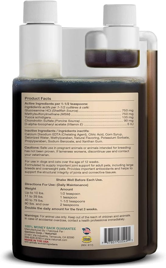 NaturVet Glucosamine DS Plus Hip & Joint Support Liquid Pet Supplement – Level 2 Moderate Care for Dogs & Cats – Includes Glucosamine, MSM, Chondroitin – 32 Oz NaturVet