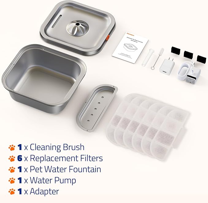 Cat Water Fountain Stainless Steel: 4L/140oz Pet Fountain Water Bowl Indoor, Automatic Dog Drinking Dispenser, Cat Feeding Watering Supplies, Metal Kitty Waterer Fountain, 6 Replacement Filters - PAWPICO
