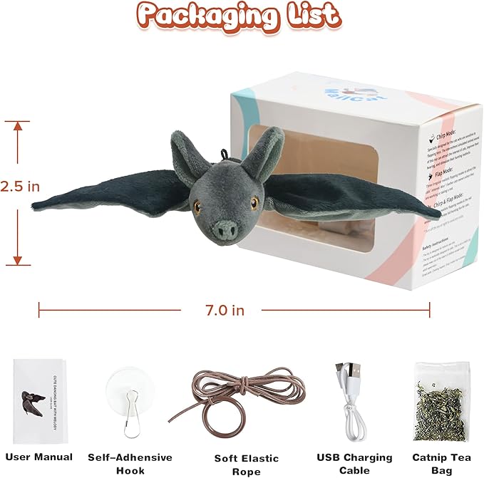 Cat Toys Intelligent Flapping Bat, Hanging Interactive Cat Toys for Indoor Cats Chase Exercise, Suitable for Cat Teaser Stick, Vivid Chirping, 3 Modes, Rechargeable - PAWPICO