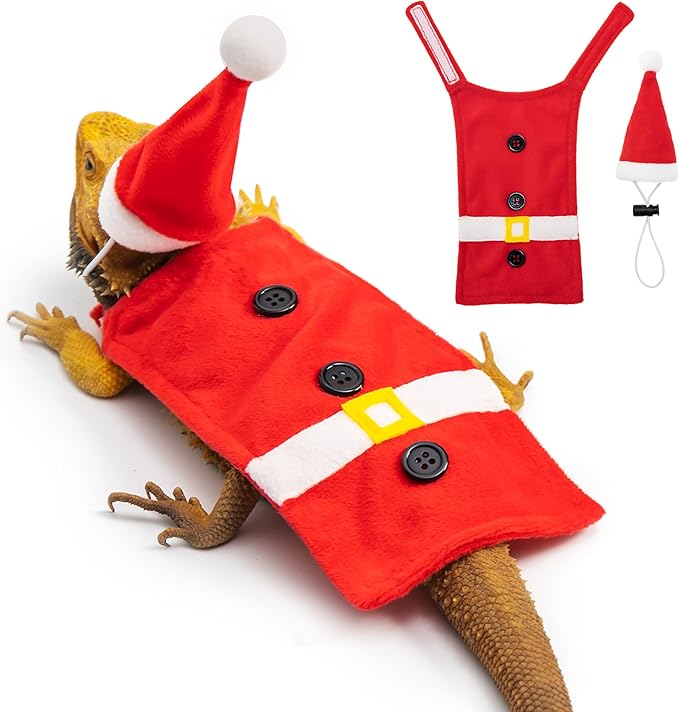 Christmas Bearded Dragon Costume, Cute Red Santa Claus Cosplay Lizard Clothes and Hat Set Outfit, Holiday Pet Costume Accessories for Reptile Small Animals tukoaw
