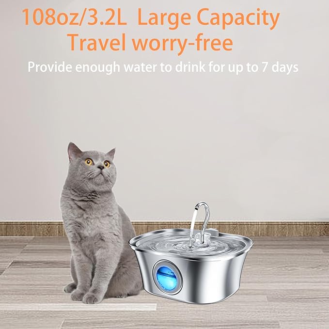 Stainless Steel Cat Water Fountain, 108oz/3.2L Cat Water Fountain with Filter, Automatic Cat Water Fountain with Ultra-Silent Pump, Water Level Window, Cat Feeding & Watering Supplies - PAWPICO