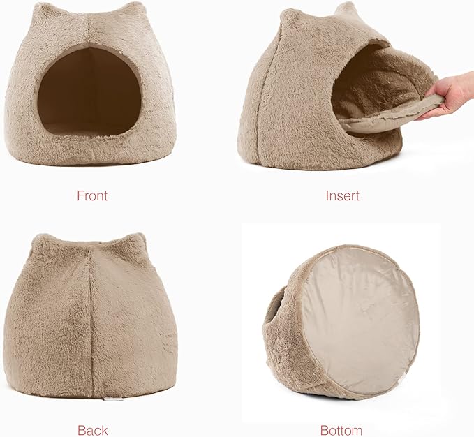 Best Friends by Sheri Meow Hut in Fur Cover Dome Cat and Dog Bed, Wheat, Small - PAWPICO