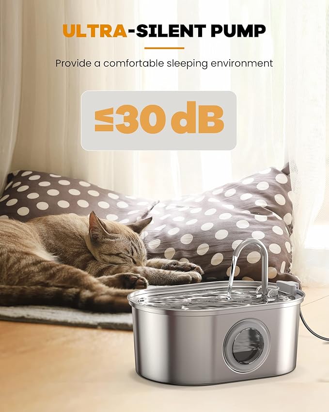 Cat Water Fountain Stainless Steel: 108oz/3.2L pet Water Fountain - Water Fountain for Cats Inside with Water Level Window - Faucet cat Fountain - Quiet Pump - for Dogs and Cats - SOOFPET - PAWPICO