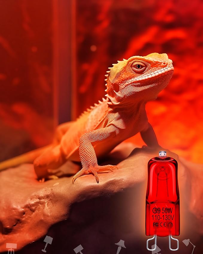 Flaspar G9 Reptile Heat Lamp Bulbs 50W 120V, Dimmable Red Night Light UVA Infrared Heat Lamp, 2 Pin Base Mini Heat Bulb for Bearded Dragon, Turtle, Leopard Gecko, Snake, Lizard, 2 Pack Flaspar