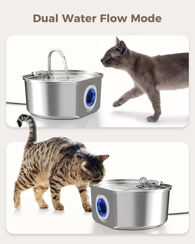 Cat Water Fountain Stainless Steel: 108oz/3.2L Cat Fountain for Drinking- Pet Water Fountain for Cats Inside - Automatic Cat Water Dispenser Bowl - Cat Feeding & Watering Supplies - Water Level Window - PAWPICO