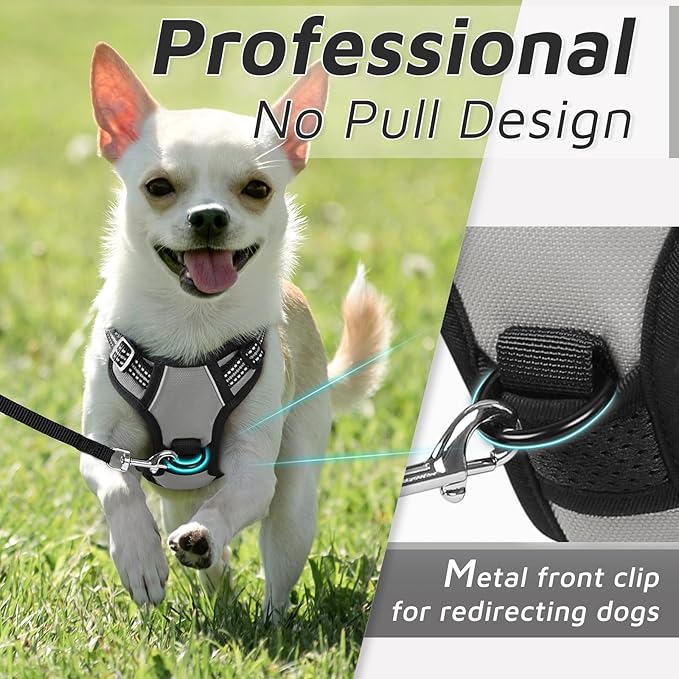 Eagloo Small Dog Harness No Pull, Service Vest with Reflective Strips and Control Handle, Adjustable and Comfortable for Easy Walking, No Choke Pet Harness with 2 Metal Rings, Grey, XS GoExplorewithEagloo