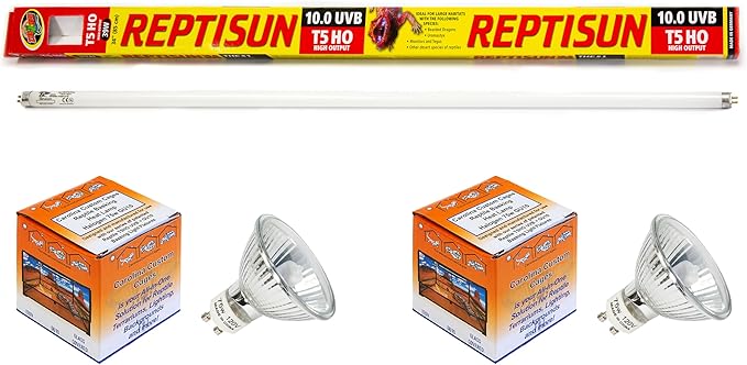 Carolina Custom Cages Reptile 34" T5HO UVB 39W + Double GU10 Basking Light Fixture, Bundle with 10.0 UVB Tube and Two 75w Heat Lamps CarolinaCustomCages
