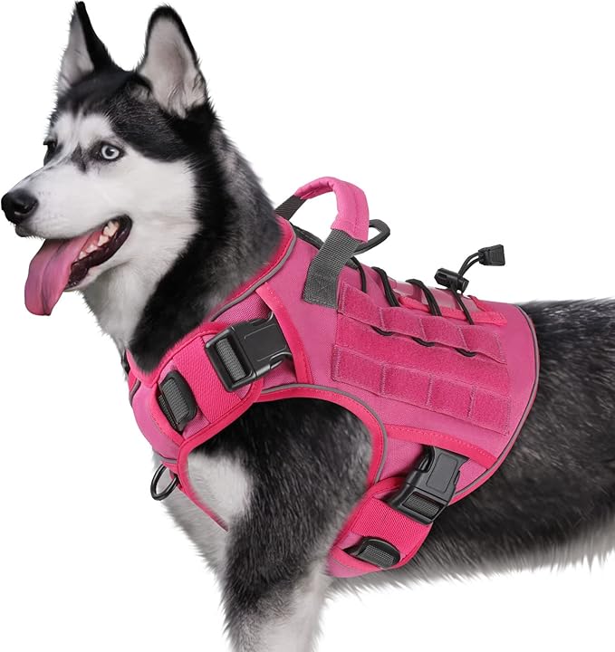 WINGOIN Pink Harness with Handle Tactical Dog Harness for Large Dogs No Pull Adjustable Reflective K9 Military Dog Vest Harnesses for Labrador Retriever, Siberian Husky, German Shepherd Dog (L) WINGOIN