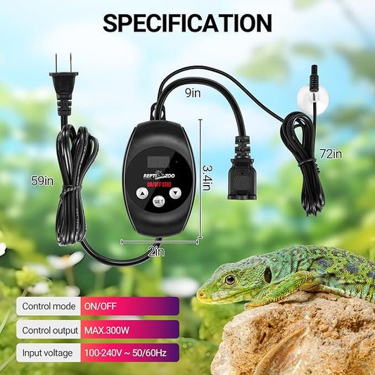 REPTI ZOO Reptile Thermostat Wide Range Temperature Controller Reptile Heat Pad Digital Thermostat Waterproof Seedling Heat Mat Thermostat for Turtles, Lizards, Frogs, Hermit Crabs, Snakes, Plants REPTIZOO
