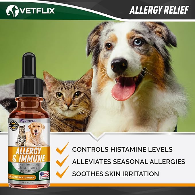 Velflix Allergy Immune Anti Itch & Hot Spots - Made in USA Natural Pet Supplement for Cat & Dog Allergy Relief with Turmeric & Milk Thistle -Seasonal Allergies Digestive Treatment for Dogs & Cats Vetflix