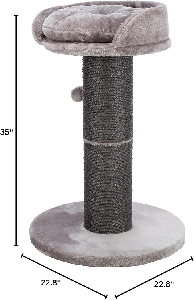 TRIXIE Pepino Cat Scratching Post 35 Inch - Cat Scratcher with Soft Fabric Covering Base and Durable Sisal Rope - with Platform Bed & Dangling Cat Toy - in Gray - PAWPICO