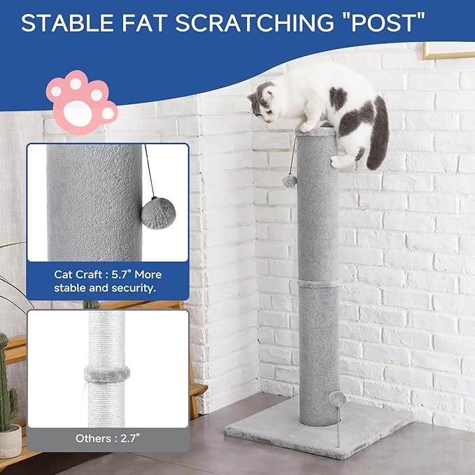 Cat Craft Cat Scratching Post Carpet Scratching Post 40" for Indoor Cats, Tall Cat Scratch Post, Carpet Cat Scratcher with Replaceable Toys, Sturdy Base, Large, Light Gray - PAWPICO