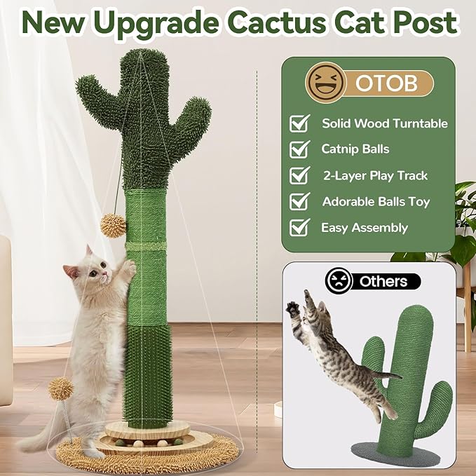 OTOB 36" Tall Cat Scratching Post, Natural Sisal Rope Cactus Scratcher Post, Vertical 6-in-1 Interactive Turntable Cat Scratch Post with Soft Ball Toys, Protect Your Furniture for All Indoor Cats - PAWPICO