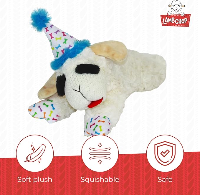 Multipet Lamb Chop Dog Plush Toy w/Birthday Hat - Squeaky Dog Toy for All Dogs - Soft Plush Dog Toy - Stuffed Animal Dog Toy for Playing - Cute Dog Birthday Toy (10.5”, Blue Hat, 5 Squeakers) - PAWPICO