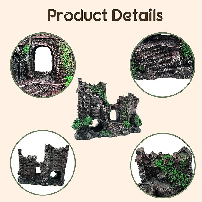 5 PCS Tank Accessories for Bearded Dragon Include Resin Classical Castle Reptile Climb Habitat Decor Hanging Jungle Vines Flexible Leaves Climbing Decor for Lizard Gecko Chameleon Spider MUYG