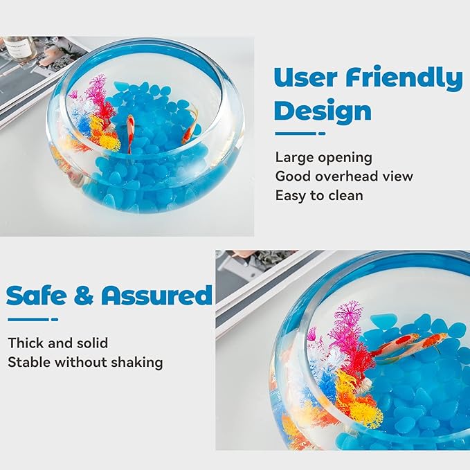 2 Gallon Glass Fish Bowl with Decor, Include Fluorescent Stones & Colorful Plastic Trees, High White Glass for Clear View, Small Fish Bowl/Vase/Aquarium for Betta Fish/Goldfish, Nice Home Décor LAQUAL
