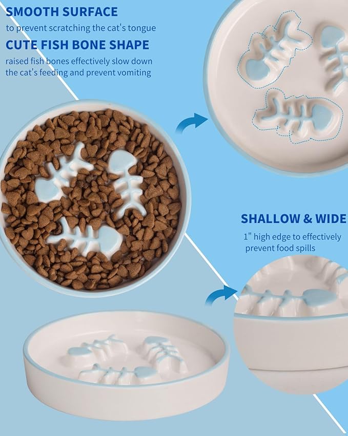 2PCS Ceramic Cat Slow Food Bowl for Wet and Dry Food, Elevated Design, Prevents Vomiting and Obesity, Raised Cat Puzzle Bowl, Stress-Free Slow Food Plate, Backflow Prevention, for Cats and Small Dog - PAWPICO