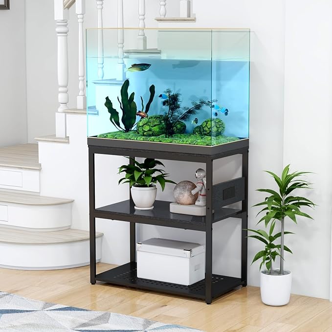 20-29 Gallon Fish Tank Stand with Power Outlets, 3-Tier Metal Aquarium Stand, Breeder Reptile Tank Stand with Shelf for Home Office, 660LBS Capacity, 29.5 x 15.8 x 30.1 inches, Black Livofloral