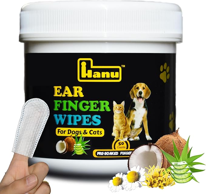 Hanu Ear Finger Wipes for Dogs & Cats Gently Remove Dirt, Wax & Debris - Relieve Ear Itching & Discomfort, Sooths & Deodorizes - All Natural Ingredients - Vet Recommended - 50 Count Hanu