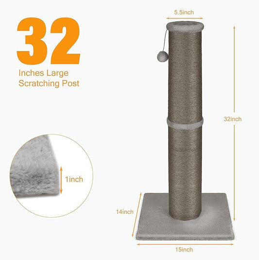 PAWSCRAT Cat Scratching Post 32 Inch High, 5.5 Inch Large Diameter Natural Sisal Cat Scratch Post, Scratch-Resistant and Durable Tall Cat Scratcher for Indoor Cats, Protect Your Furniture, Gery - PAWPICO
